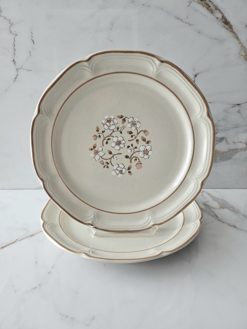 Covington Cream Floral Scalloped Dinner Plates with Gold Rim